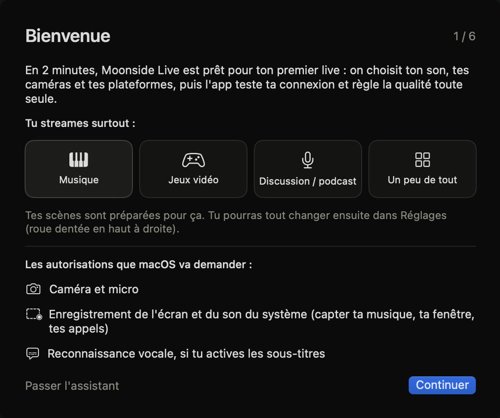 Assistant de démarrage : Musique, Jeux vidéo, Discussion ou un peu de tout