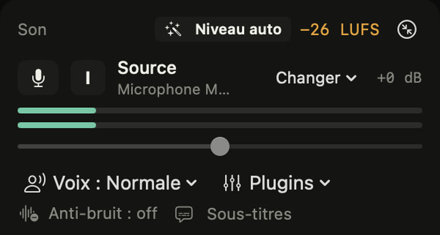 Panneau Son : niveau auto, LUFS, plugins